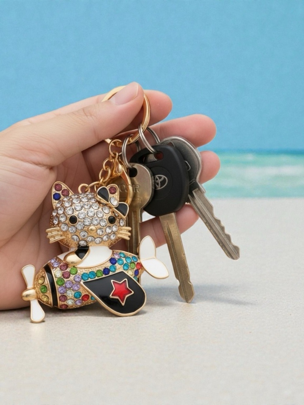 Rhinestone-Embellished Kitty on helicopter bag charm Multicolor Rhinestones - Picture 5 of 8